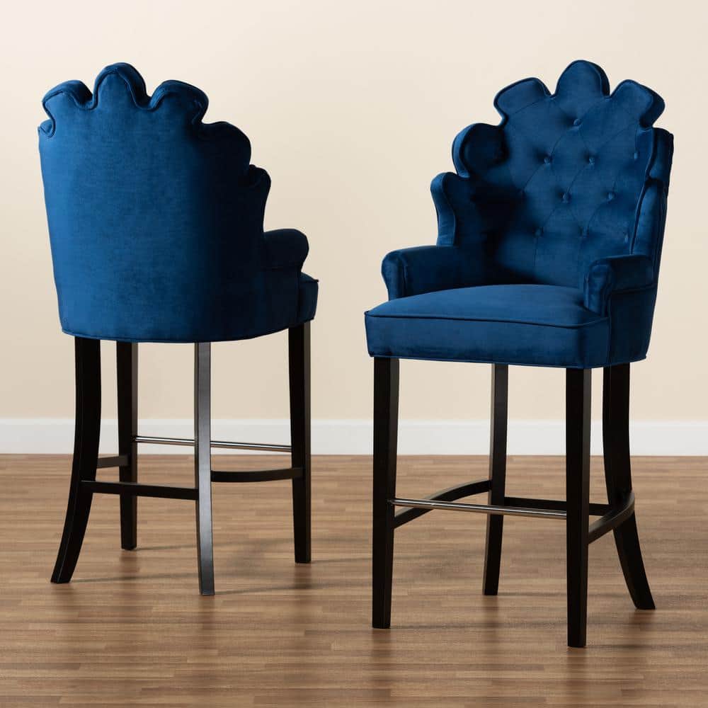 Chloe Adjustable Navy Blue Velvet and Dark Brown Wood Bar Stool