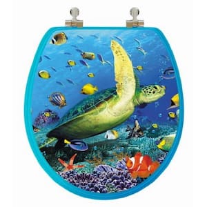 3D Ocean Series Sea Turtle Round Closed Front Toilet Seat in Blue