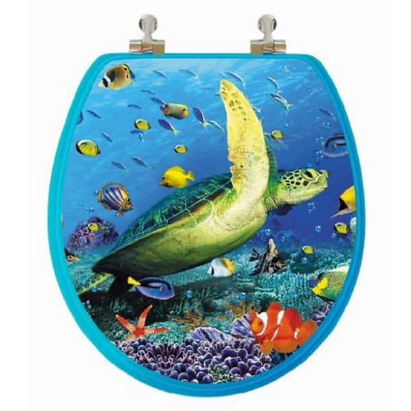 TOPSEAT 3D Ocean Series Sea Turtle Round Closed Front Toilet Seat in Blue