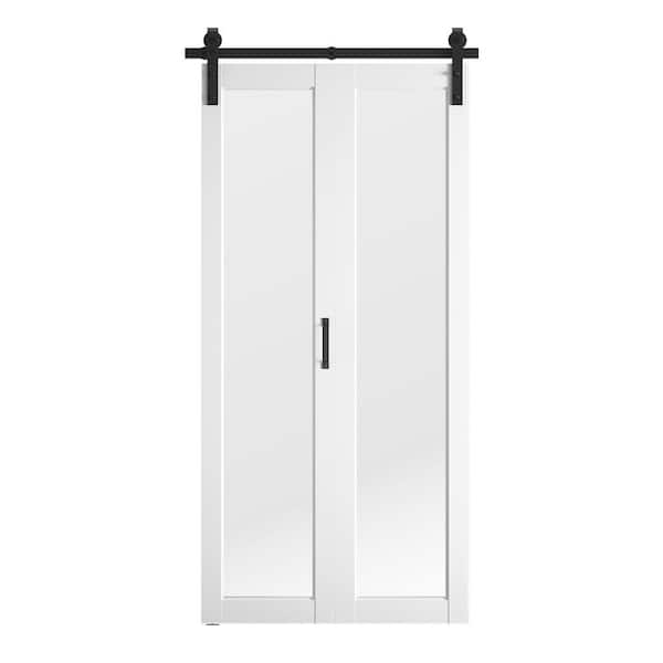SOCBAZZAR 28 in. x 84 in. 1-Lite Mirrored Glass White Finished MDF Bi-Fold Sliding Barn Door with Hardware Kit, J-Shape Hardware