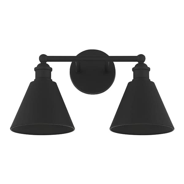 TUXEDO PARK LIGHTING 17 in. W x 10 in. H 2-Light Matte Black Bathroom Vanity Light with Metal Shades