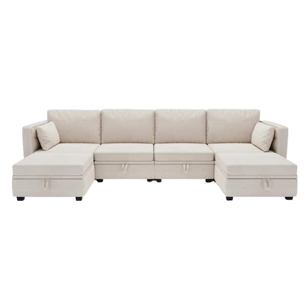 Unbranded 110.24 in. W Square Arm 6-Piece Linen U-Shaped Modular Sectional Sofa with Storage Seats and Reversible Chaise in Beige