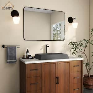 Concrete Rectangular Bathroom Vessel Sink Art Basin in Black Earth with X-Diversion Line and The Same Color Drainer