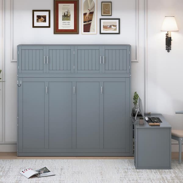 Gray Wood Frame Queen Size Murphy Bed with Desk and Storage Shelves and Big Cabinets