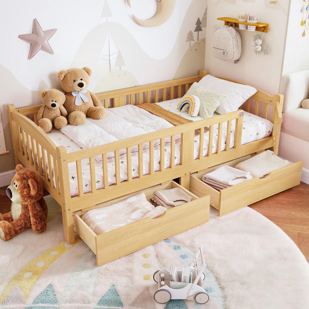 Natural/Yellow Wood Frame Twin Size Platform Bed with Full-length Guardrails,storage Drawers