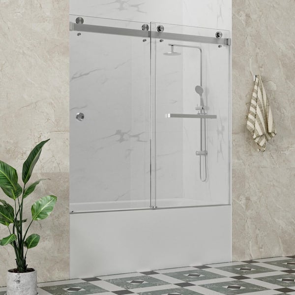 SolaFP 56 to 60 in. W x 60 in. H Double Sliding Frameless Tub Door in Brushed Nickel with 3/8 in. Clear Glass