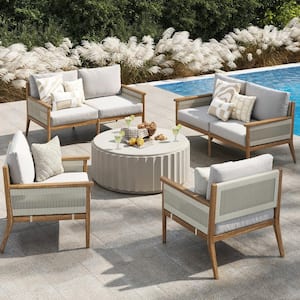 Kayden Bohemian 4-Piece Conversation Patio Set Solid Wood Upholstered Outdoor Seating Patio Set with Gray Cushions