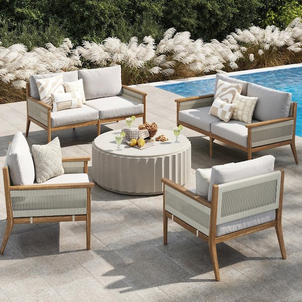 Nathan James Kayden Bohemian 4-Piece Conversation Patio Set Solid Wood Upholstered Outdoor Seating Patio Set with Gray Cushions