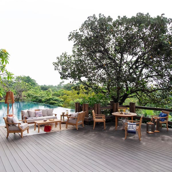 Tahoe 10-Piece Teak Wood Outdoor Patio Conversational set in Beige Cushion