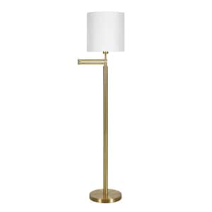 62 in. Gold and White 1 1-Way (On/Off) Swing Arm Floor Lamp for Living Room with Cotton Drum Shade