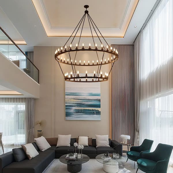 60 in. 54-Light Matte Black Industrial 2-Tier Wagon Wheel Chandelier Large Farmhouse Round Chandelier