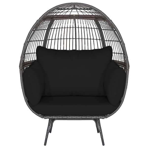 SUNRINX Light Brown Wicker Outdoor Egg Lounge Chair with 4 Black Cushions