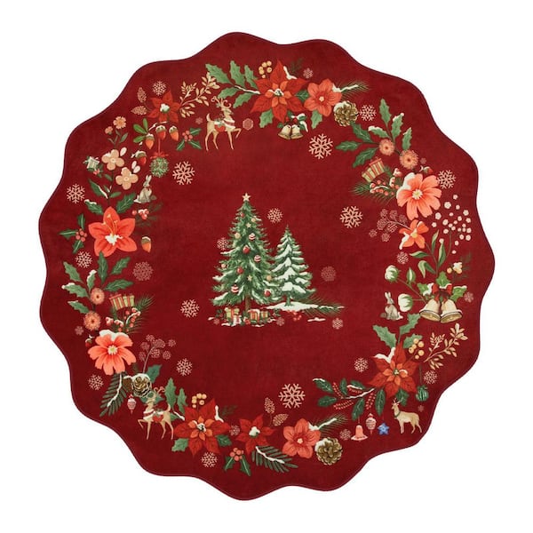 Washable Christmas Vintage Floral Scalloped Non Slip 4 ft. x 4 ft. Red Entryway Bedroom Indoor Round Rug
