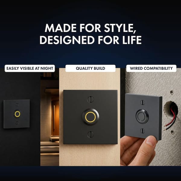 Wired Metal Square Surface Mount Doorbell Chime Push Button with LED Button Light in Black, Door Bell Button Only