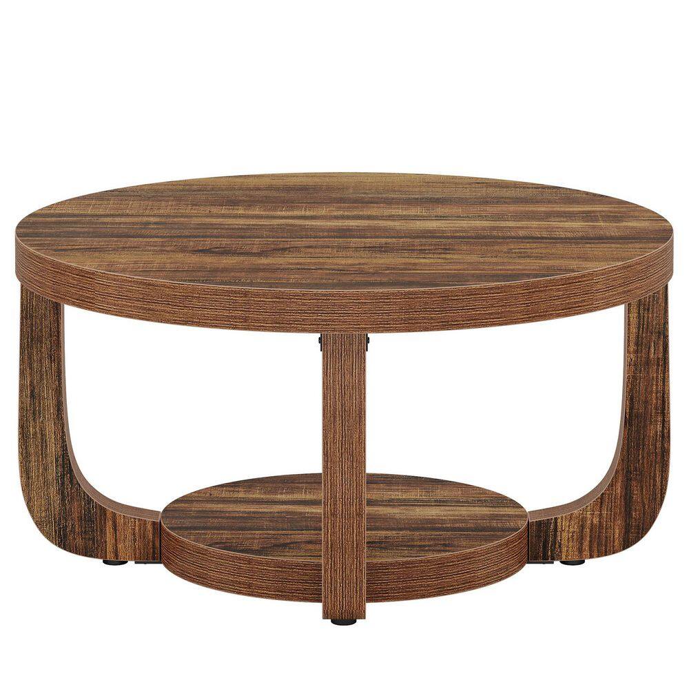 Allan 31.5 in. Brown Round Wood 2-Tier Coffee Table Accent Center Table with Storage & Thick Tabletop for Living Room