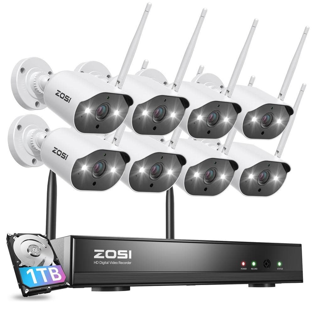ZOSI 8-Channel H.265 Plus 3MP 2K 1TB Hard Drive NVR Security Camera System with 8 Outdoor Wireless Wi-Fi IP Cameras, White -  ZSWNVK-A83081-W