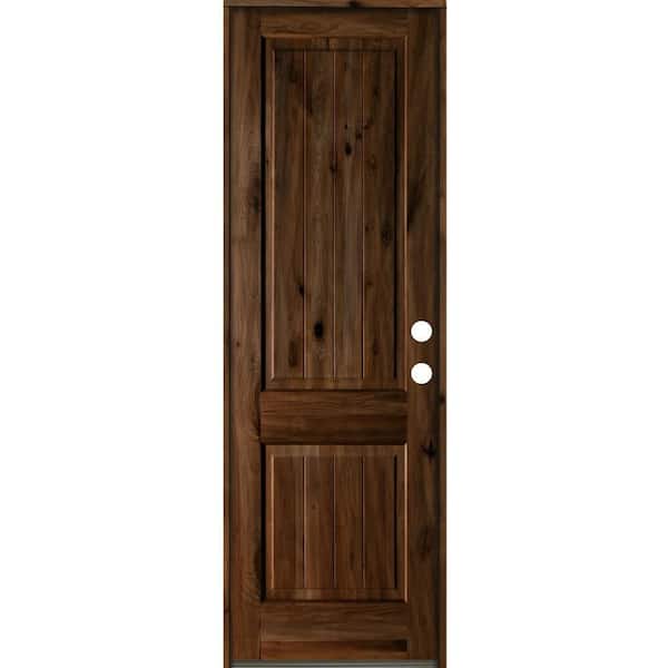 Krosswood Doors 32 in. x 96 in. Rustic Knotty Alder Square Top V-Grooved Provincial Stain Left-Hand Wood Single Prehung Front Door