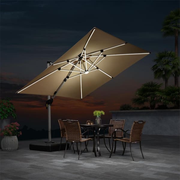 PURPLE LEAF 9 ft. Square Aluminum Solar Powered LED Patio Cantilever Offset Umbrella with Base, Beige