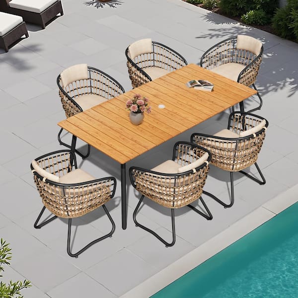 7-Piece Wicker Metal Aluminum Rectangular Outdoor Dining Set with Beige Cushion