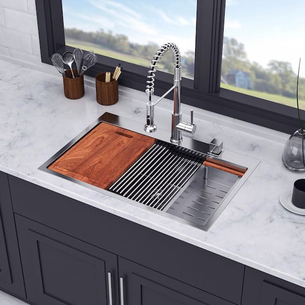 33 in. L x 22 in. W Drop-In Single Bowl 16-Gauge Stainless Steel Kitchen Sink in Brushed Nickel