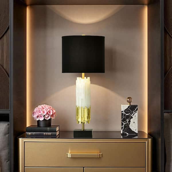 Jasper 33 in. Natural White With Gold Leaf Table Lamp with Black Linen Shade