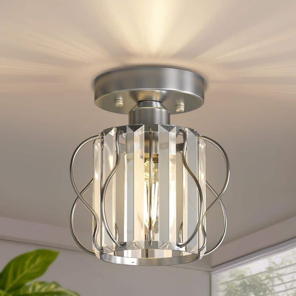 YANSUN 7 in. 1-Light Nickel Modern Crystal Mini Ceiling Light