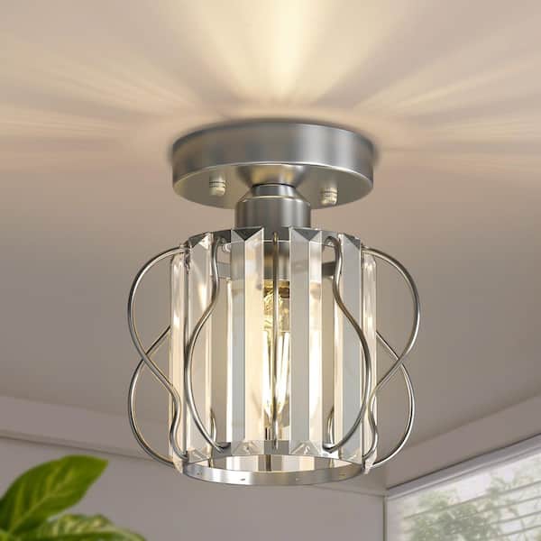 7 in. 1-Light Nickel Modern Crystal Mini Ceiling Light, Round Clear Shade Flush Mount Chandelier for Entryway, Hallway