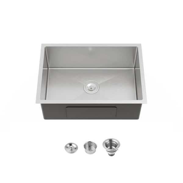 27 in. Undermount Single Bowl 20-Gauge Brushed Nickel Stainless Steel Kitchen Sink with Drain and Hook Included
