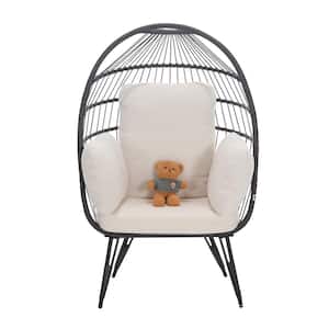 Black PE Wicker Egg Chair with Stand and White Cushion Rattan Egg Chair for Outdoor 350 lbs. Capacity