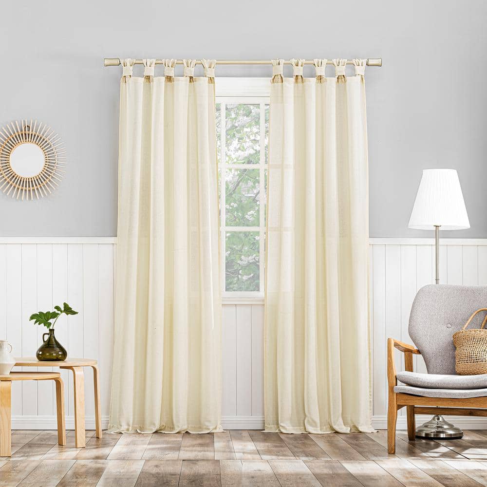 Ivory Polyester Sheer Tab Top Window Panel with Bow Embellishment