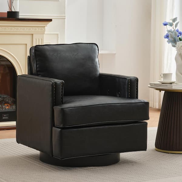 JEAREY Black PU Leather 360° Swivel Nailhead Trim Button-tufted Accent Arm Chair with Cushion