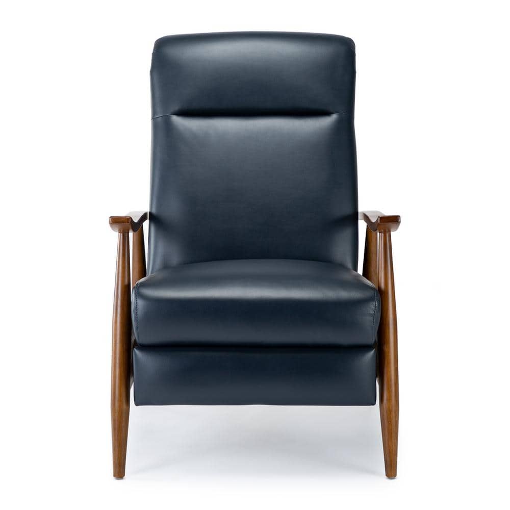 Midnight Blue Faux Leather Wood-Armed Recliner Chair