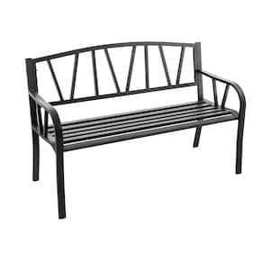 2-Person Black Metal Outdoor Bench with Slatted Seat