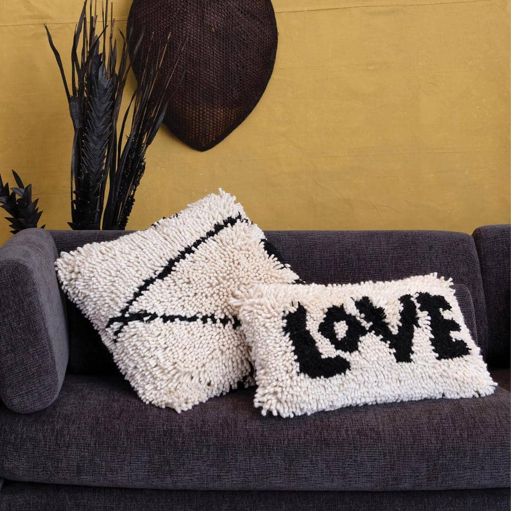 Black and Cream Woven Wool Shag Lumbar Pillow with Love Design