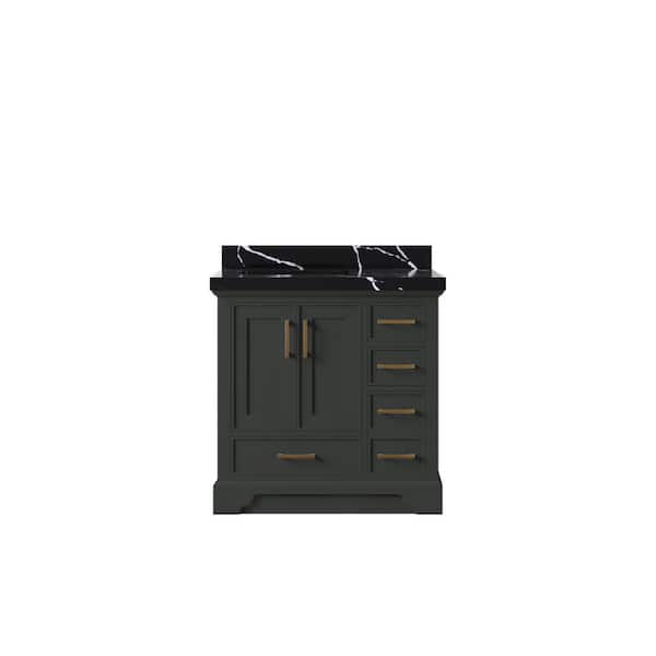 Willow Collections Charlotte 36 in. Left Offset Sink Freestanding Black Top Bath Vanity with Calacatta Black Qt. Top Unassembled