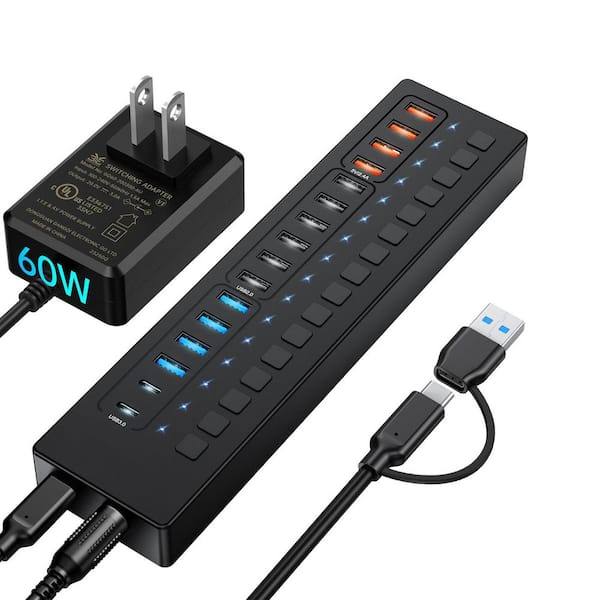 Lukyamzn 16 Port Powered USB 3.0-Hub with 2-USB C 3.0-Ports, 4-Smart Charging Ports, Wall Mount Support, Includes 60W Adapter