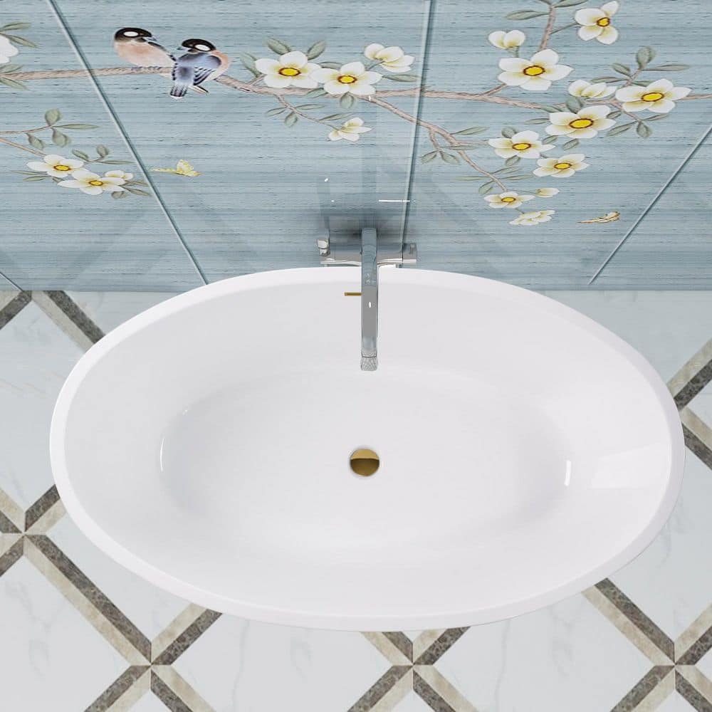59" White Acrylic Freestanding Soaking Bathtub with Gold Accents