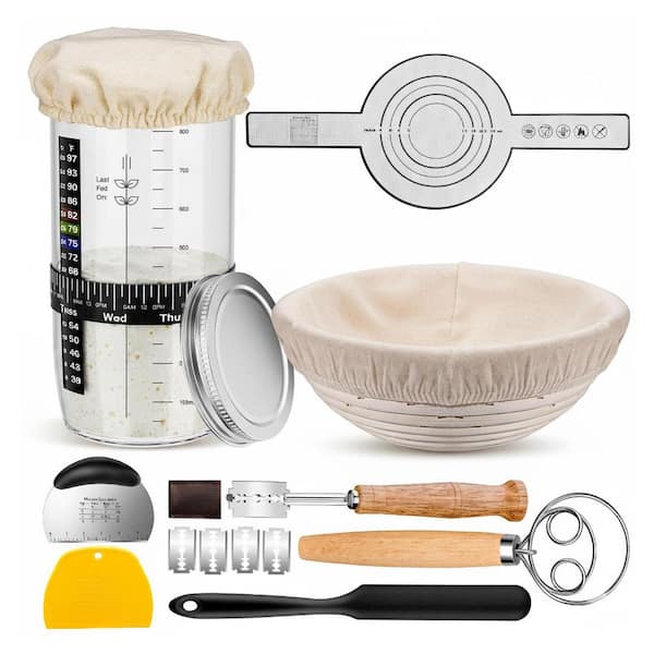 Sourdough Starter Kit with 9 in. Banneton Basket, 36 oz. Jar, Bread Lame, Dough Scraper, Whisk and Silicone Sling