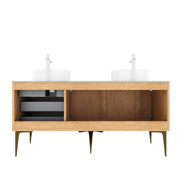 60 in. W x 22 in. D x 33.4 in. H Double Sink in Oak Bath Vanity with White Ceramic Top and 3-Drawers, Pre-Assembled
