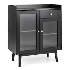 Black Wood Buffet Sideboard 31.5 in. Kitchen Island Kitchen Storage Cabinet with 2-Tempered Glass Doors and Drawer