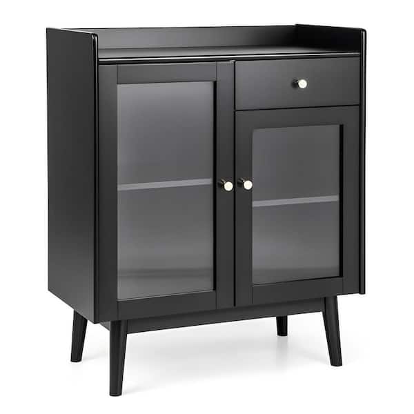 Bunpeony Black Wood Buffet Sideboard 31.5 in. Kitchen Island Kitchen Storage Cabinet with 2-Tempered Glass Doors and Drawer