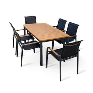 7 Pieces Black Aluminum Outdoor Dining Set, Include 6 Chairs and 1 Table with Luxury Faux Wood Tabletop