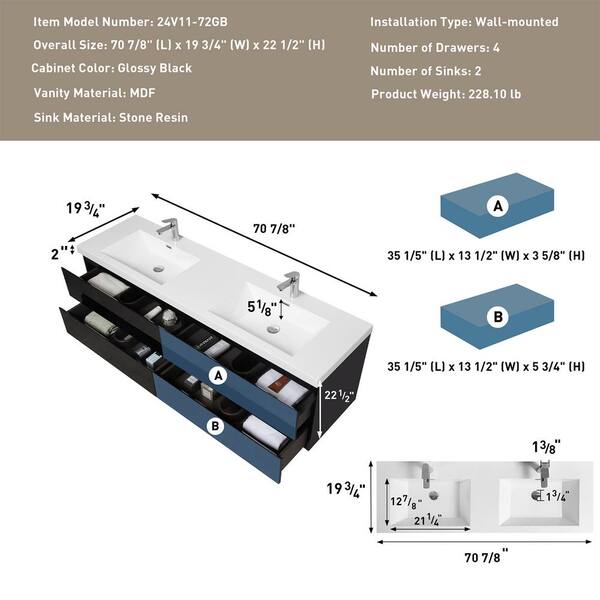 HBEZON Achilles 71 in. W x 20 in. D x 22.5 in. H Double Sink