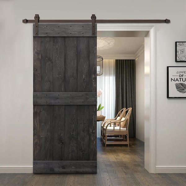 38 in. x 84 in. Distressed Mid-Bar Series Charcoal Black Solid with Hardware Kit Pine Wood Interior Sliding Barn Door