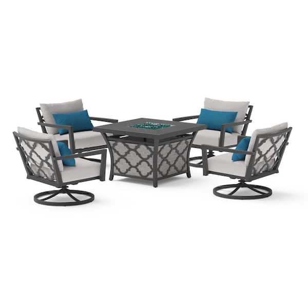 RST BRANDS Venetia 5-Piece Aluminum Patio Fire Pit Seating Set with Sunbrella Gray Cushions and Motion Club Chairs