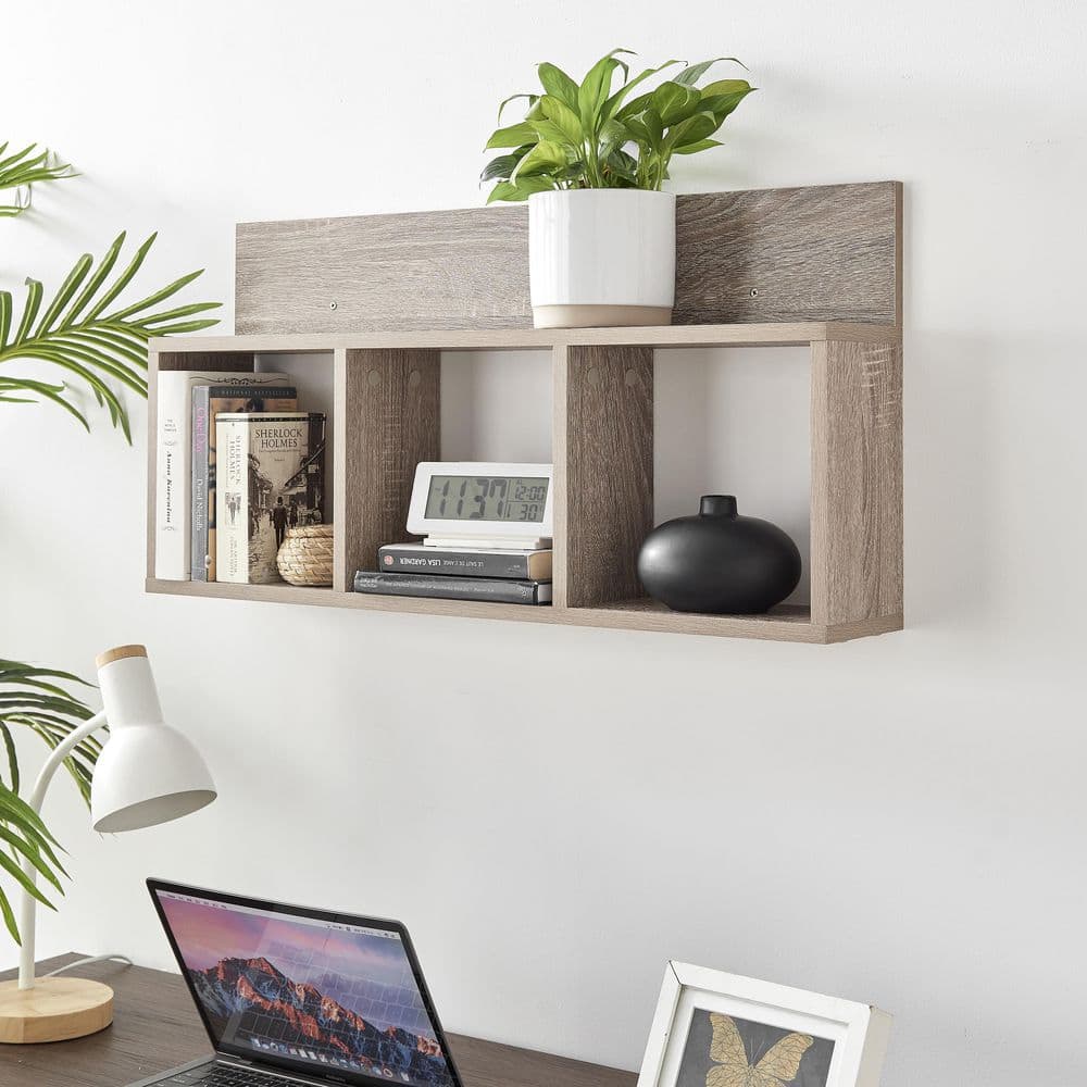 Weathered Oak 3-Cube Floating Wall Shelf with Display Ledge