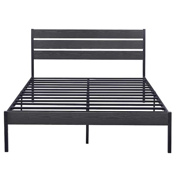 Queen Bed Frame Black Metal Frame Queen Platform Bed w/Modern Wood Headboard Easy Assembly/No-Slip/No Noise, 62.1 in. W