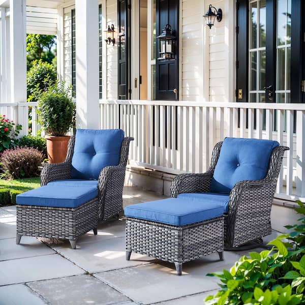 ArcoBay 4-Piece Gray Wicker Outdoor Rocking Chair Patio Swivel Chairs with Navy Blue Cushions and Ottomans