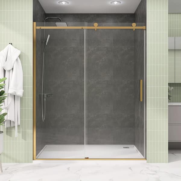 59 in. W x 75 in. H Glass Shower Door Frameless Alcove Single Sliding Shower Doors in Brushed Gold 5/16 in. Clear Glass