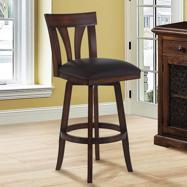 Armen Living Salem 30 in. Brown Faux Leather and Pecan Wood Finish Swivel Bar Stool
